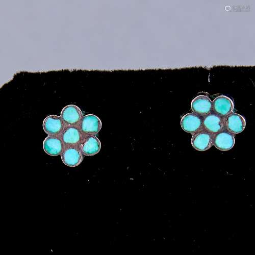3 Pair Zuni Dishta Sterling and Turquoise Earrings