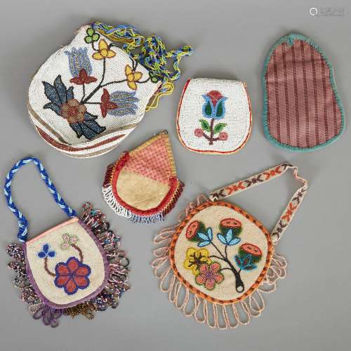 6 Native American Beaded and Embroidered Pouches Early 20th c.