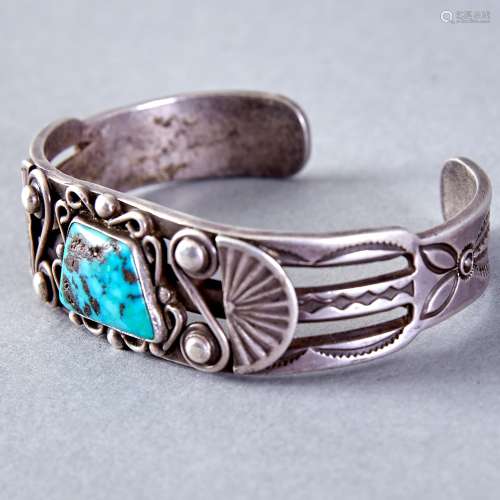 3 Navajo Silver and Turquoise Cuff Bracelets Fred Peshlakai
