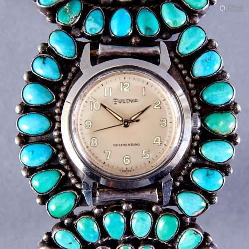 Navajo Sterling and Turquoise Watch Cuff with Bulvova Watch