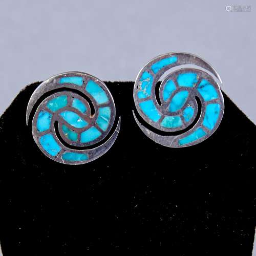 3 Pair Zuni Silver and Turquoise Earrings Ellen Quandelacy