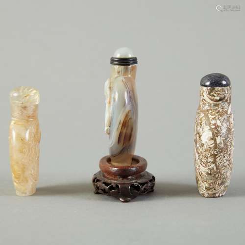 Group of 3 Chinese Carved Hard Stone Snuff Bottles