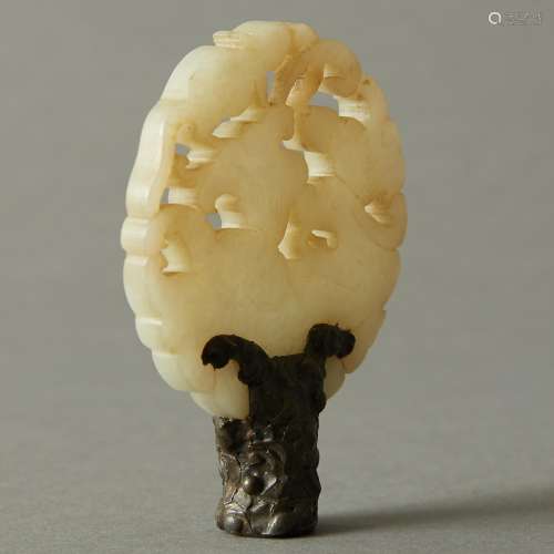 Carved Chinese Pale Jade Pendant Later Mounted as Finial