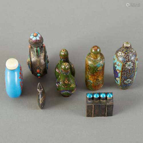Group of 7 Chinese Cloisonne and Enameled Silver Snuff Bottles