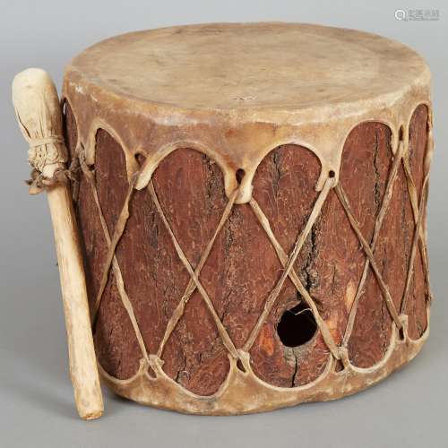 Native American Ceremonial Drum and Drumstick Late 19th c.