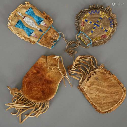 Group of 4 Ojibwe Hide Bags Early 20th c.