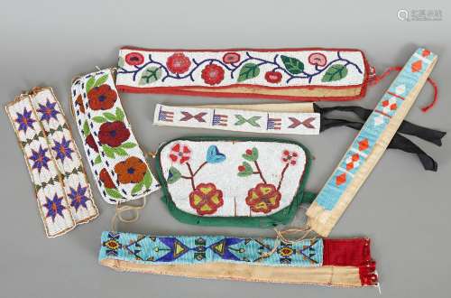 3 Native American Beaded Sashes 2 Pairs of Armbands and 1 Bag Panel