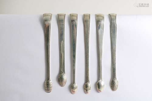 Bead pattern:-six pairs of george iii sugar tongs (two pairs initialled), all