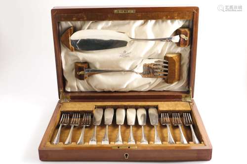 An  early 20th century cased set of six pairs of hanoverian pattern fish knives