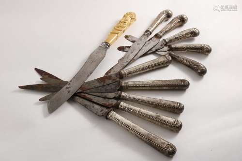 Ten various george iii knives with steel blades and a late victorian bread