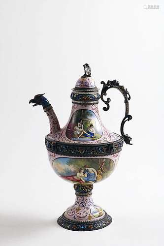 A late 19th century austro-hungarian silvergilt mounted enamelled ewer, with a