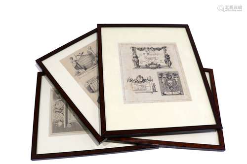 Four small framed engravings, each showing the trade cards of silversmiths:-