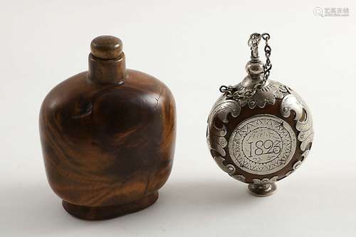 An early 19th century norwegian mounted burr-wood flaskwith a screw cover &