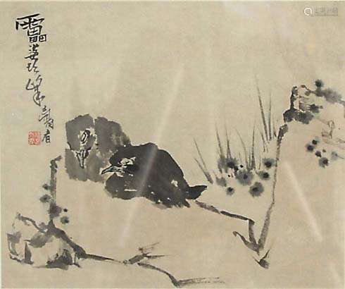 Attributed to pan tianshou,two birds asleep on a branch, ink on paper,