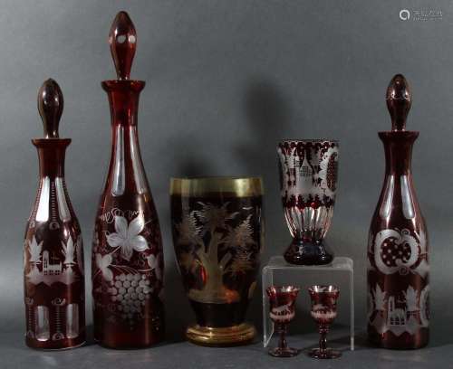 Collection of bohemian style red flash glassware,to include a pair of decanters