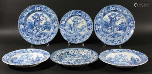 Three blue transfer printed plates,early 19th century, in the piping shepherd