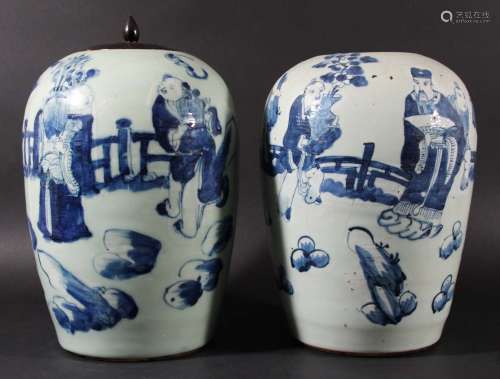 Pair of chinese vases,of ovoid form, blue painted with figures in a rocky