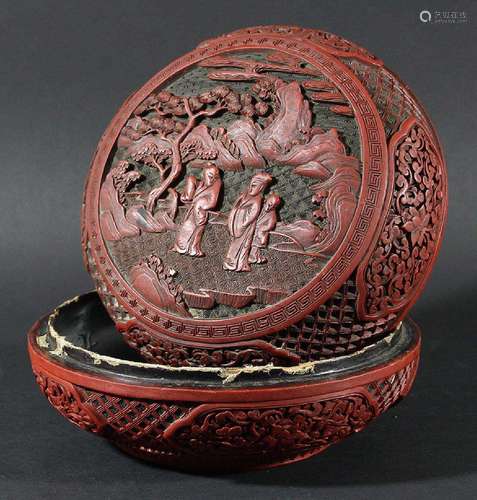 Chinese cinnabar lacquer circular box and cover,19th century, the cover with