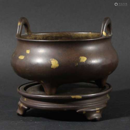 Chinese bronze and gold splash censer and stand,xuande mark but later, of