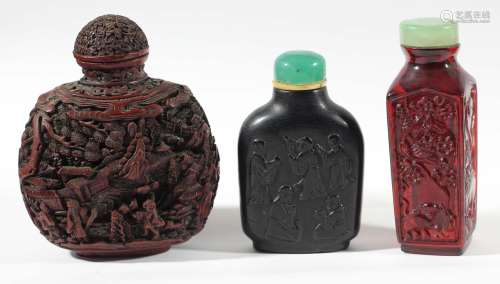 Chinese amber snuff bottle, of tapering square section with panels of goats, a