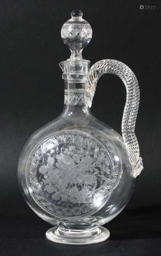 Stourbridge ewer and stopper,of moon flask form with rope twist handle,
