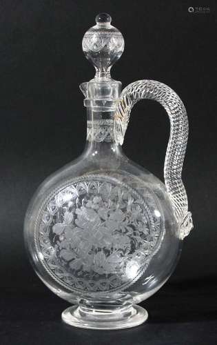 Stourbridge ewer and stopper,of moon flask form with rope twist handle,