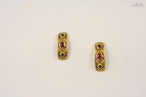 A pair of gold, sapphire and ruby earrings