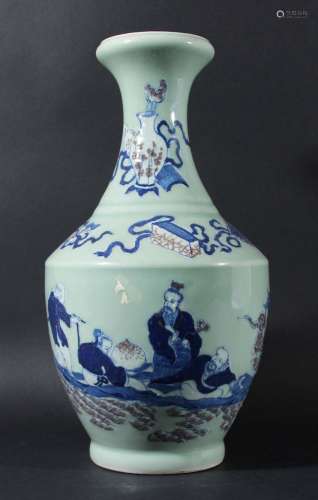 Chinese celadon vase,of baluster form, decorated in underglaze blue and copper