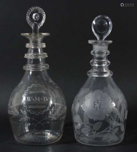 Mallet shaped glass decanter and stopper,circa 1800, engraved with a three