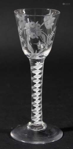 English wine glass,circa 1770, the rounded funnel bowl engraved with various