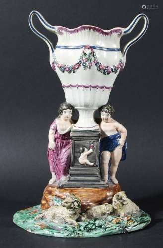 Pearlware  vase,circa 1800, the two handled neo-classical vase with floral