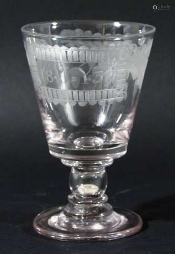 English glass coin goblet,the bucket bowl on a hollow stem and spreading foot,