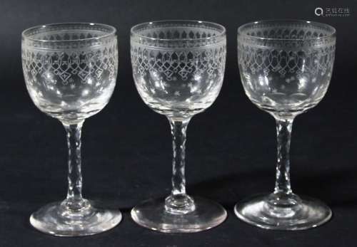 Set of six port glasses,circa 1900, the rounded bowls engraved with arcading