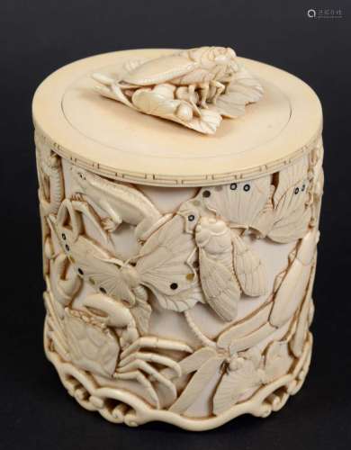 Japanese ivory tusk vase and cover,mid to late 19th century, well carved with