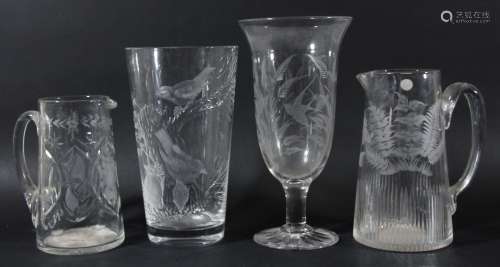 Engraved glass vase,20th century, with blackbirds eating berries amongst