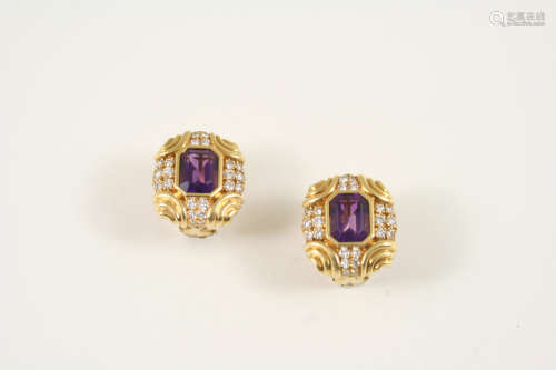 A pair of gold, amethyst and diamond earrings