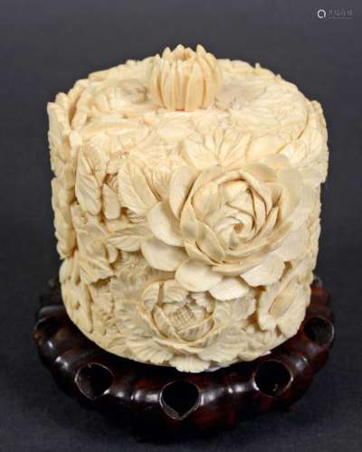 Japanese ivory box and cover,meiji, all cover carved with lotus and other