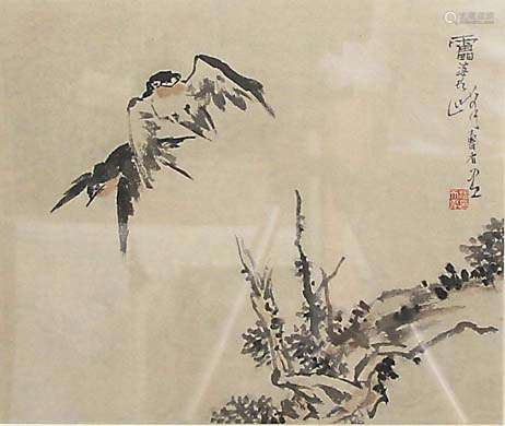 Attributed to pan tianshou,two birds in flight over a landscape, ink on paper,