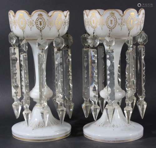 Pair of bohemian style glass lustres,late 19th century, the frosted bodies with