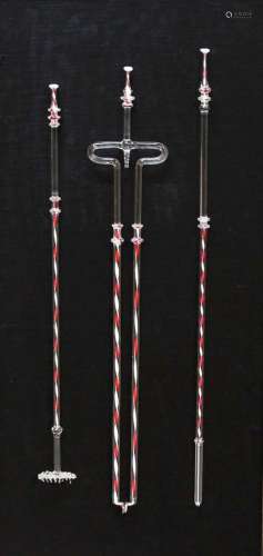 Framed set of three glass frigger fire irons,with red and white barley twist
