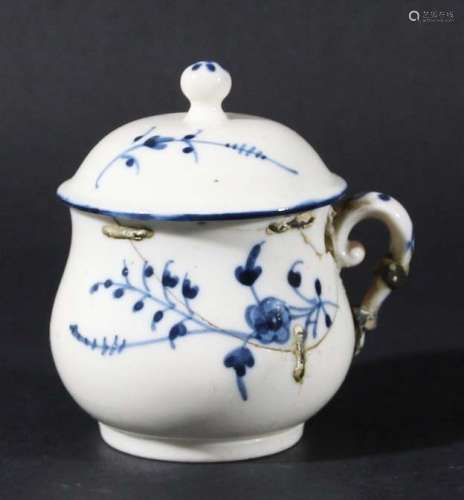 Chantilly custard cup and cover,circa 1750, blue painted with trailing flowers