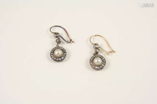 A pair of diamond and pearl cluster drop earrings