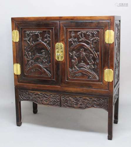 Chinese export hardwood and brass mounted cabinet on stand,19th century, the