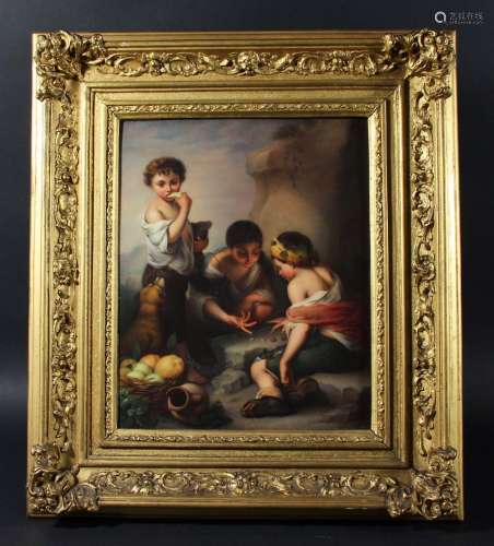 Kpm berlin porcelain plaque,19th century, painted with two boys playing dice, a