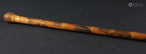 Japanese carved bamboo hiking stick,carved with various fish, octopus and other