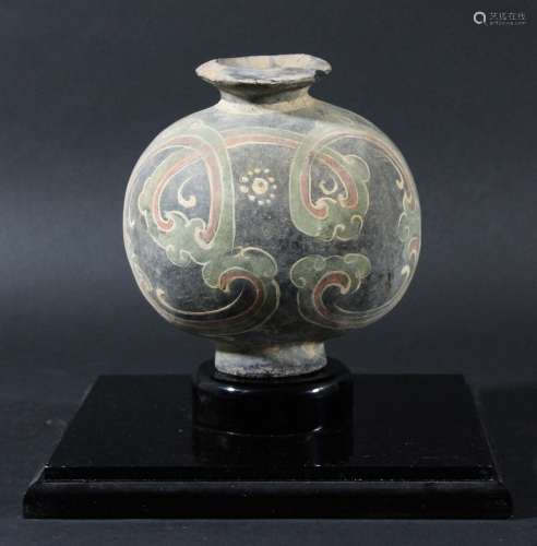 Chinese cocoon vase,probably han dynasty, painted with scrolling decoration on