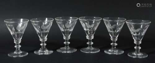Set of six eighteenth century style liquor glasses,the conical bowls engraved