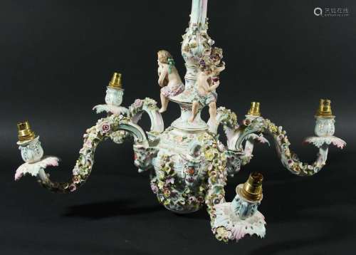 Meissen style five branch chandelier,encrusted with flowers and cherubs, drop