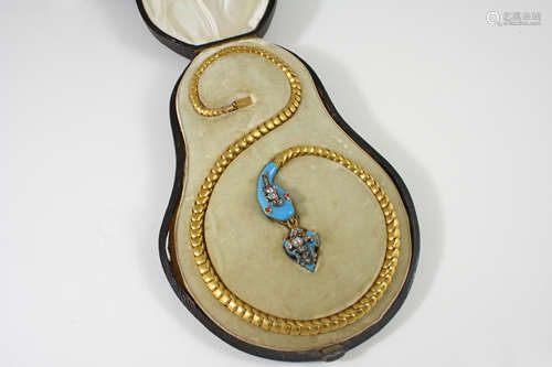 A victorian gold, enamel and diamond snake necklace