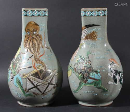 Pair of japanese stoneware vases,early 20th century, enamelled with octopus,